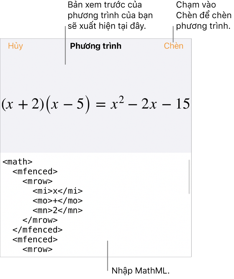 Hộp thoại Phương trình, đang hiển thị phương trình được viết bằng các lệnh MathML và bản xem trước của công thức ở bên trên.