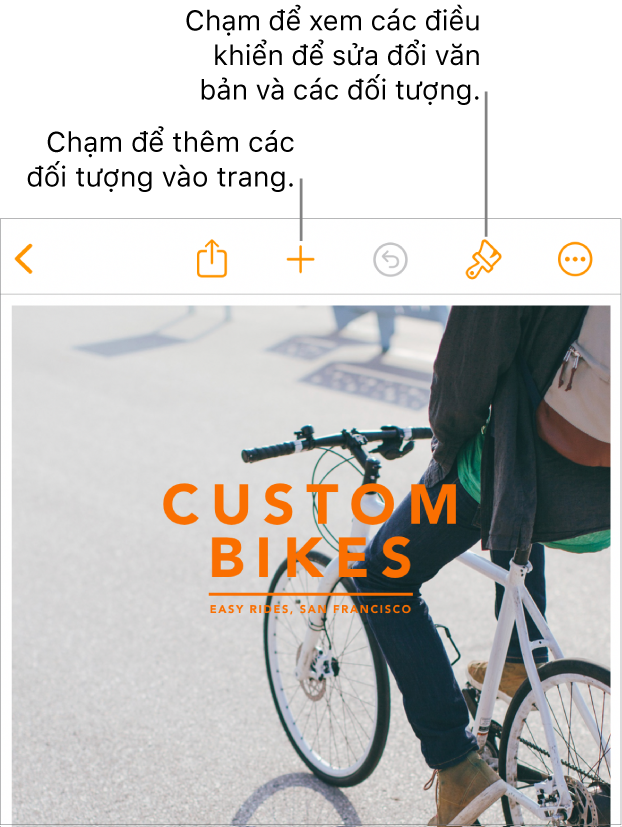 Tài liệu Pages có các nút trên thanh công cụ để mở điều khiển Định dạng và thêm đối tượng.