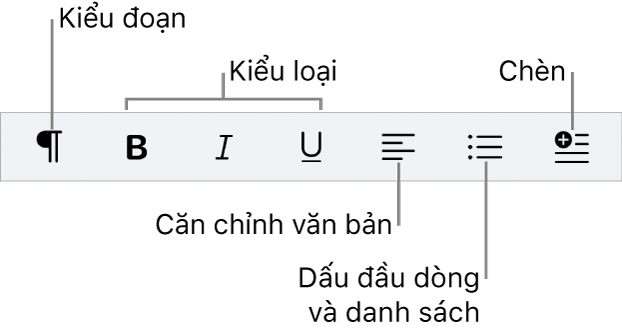 Thanh Định dạng nhanh, đang hiển thị các biểu tượng cho kiểu đoạn, kiểu nhập, căn chỉnh văn bản, dấu đầu dòng và danh sách và thành phần chèn.