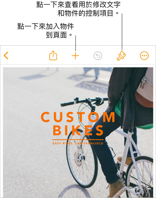 Pages 文件，工具列中有開啟「格式」控制項目和加入物件的按鈕。
