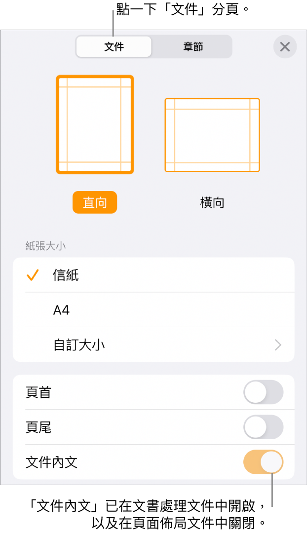 靠近螢幕下方，已開啟「文件內文」的「文件」格式控制項目。