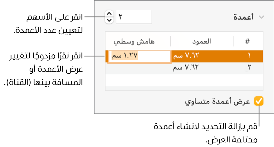 جزء التخطيط في مراقب التنسيق، ويعرض عناصر التحكم بالأعمدة.