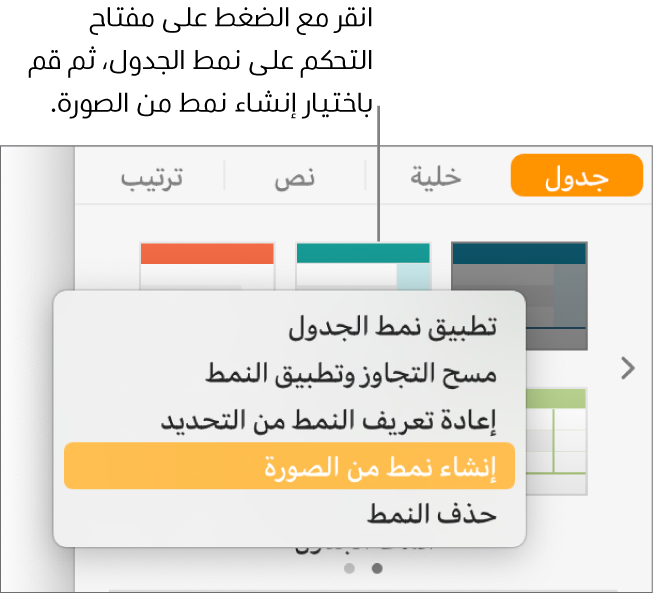 قائمة اختصارات نمط الجدول.