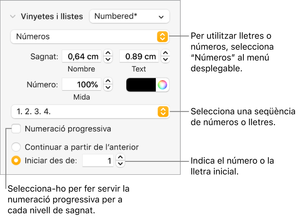 Controls per canviar l’estil dels números i l’espaiat d’una llista.