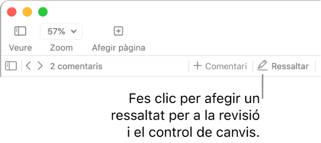 La barra de menús, que mostra el menú Inserir, i, a sota, la barra d’eines del Pages amb les eines de revisió visibles i una referència al botó Ressaltar.