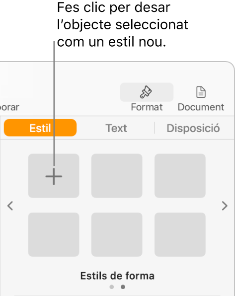 La pestanya Estil de la barra lateral Format, amb el botó “Crear un estil” a l’angle superior esquerre i cinc marcadors de posició d’estil buits.