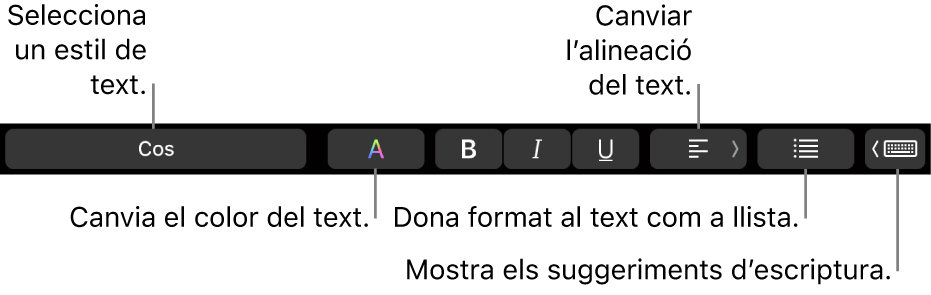 La Touch Bar del MacBook Pro amb controls per seleccionar l’estil del text, canviar-ne el color i l’alineació, aplicar-hi un format de llista i mostrar suggeriments d’escriptura.