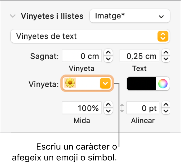 La secció “Vinyetes i llistes” de la barra lateral Format. El camp Vinyeta amb un emoji de flor.