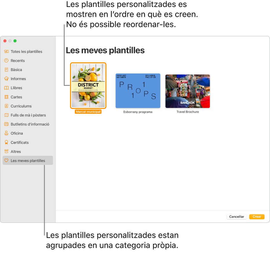 El selector de plantilles, amb la categoria “Les meves plantilles” a l’esquerra (l’última categoria). Les plantilles personalitzades es mostren en l’ordre de creació i no es poden reordenar.