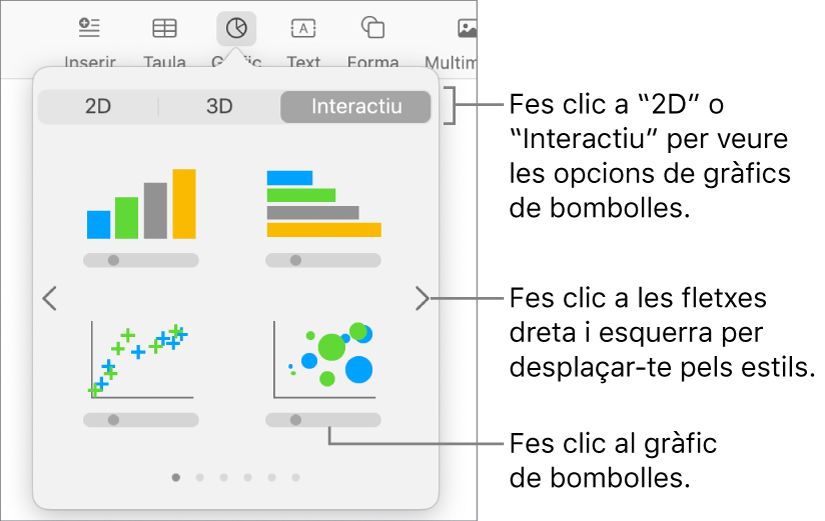 El menú d’afegir un gràfic, que mostra gràfics interactius i una opció de gràfic de bombolles.