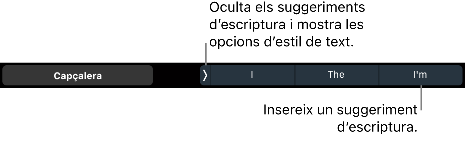 La Touch Bar del MacBook Pro amb controls per seleccionar l’estil de text, ocultar els suggeriments d’escriptura i inserir-ne.