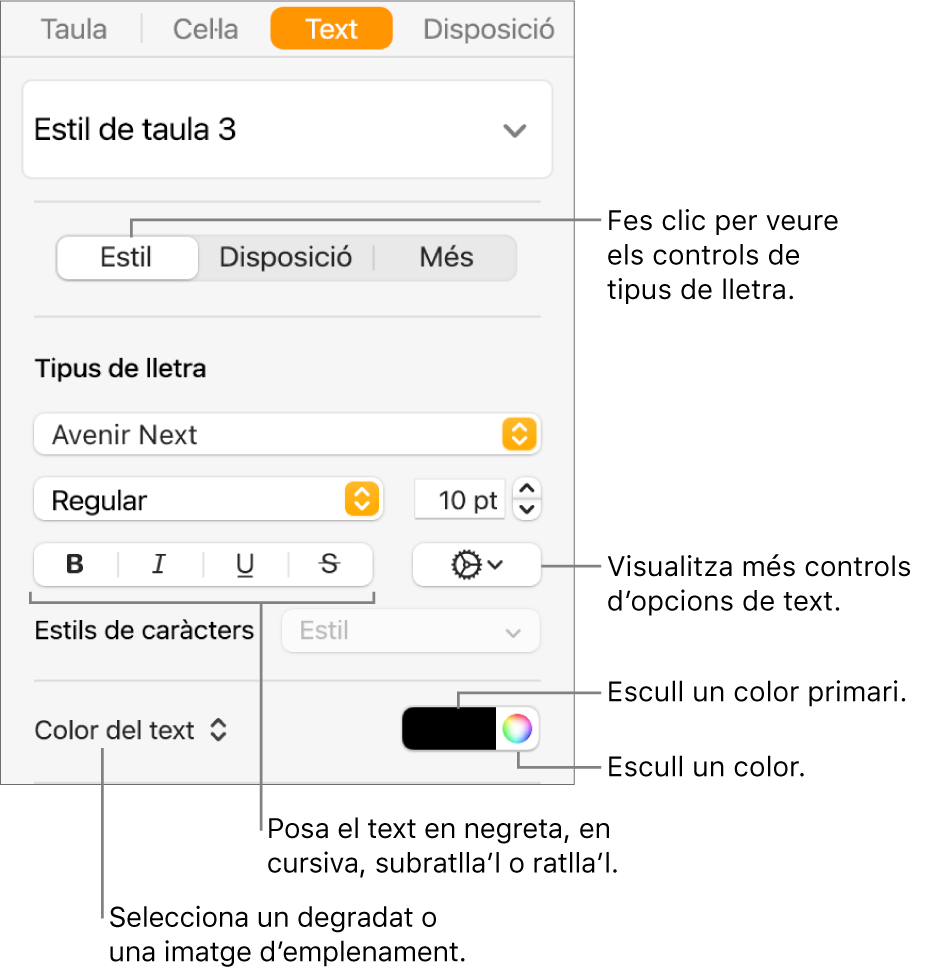 Els controls per aplicar un estil al text d’una taula.