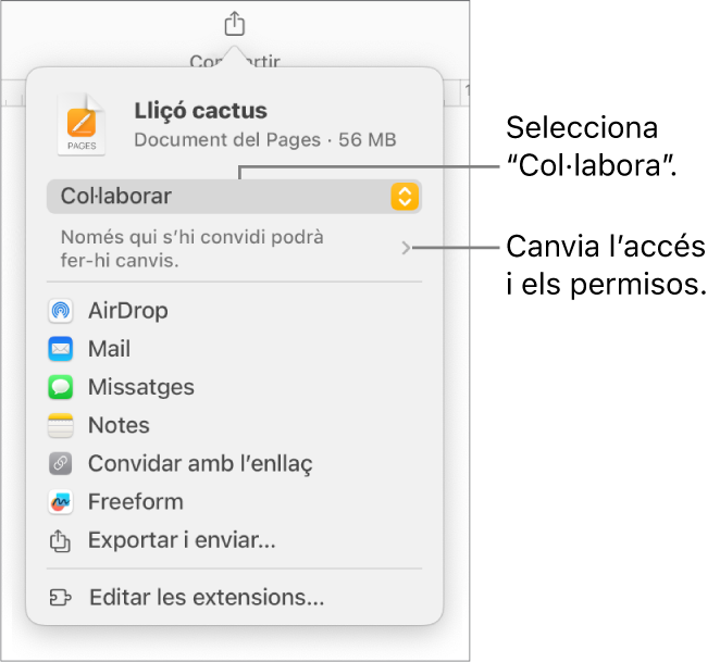 Menú “Compartir” amb l’opció “Col·laborar” seleccionada a la part superior i la configuració dels permisos a sota.