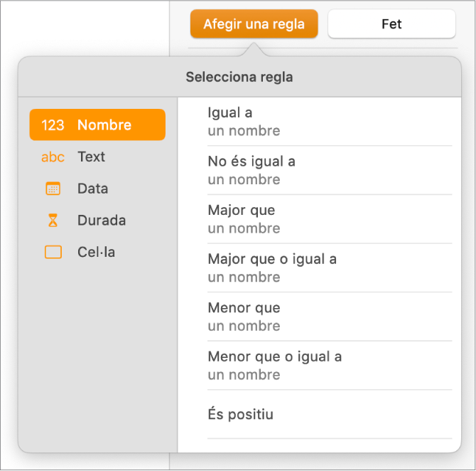 Botons per crear regles de ressaltat condicional de cel·la.