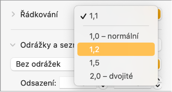 Místní nabídka Řádkování s volbami pro jednoduché a dvojité rozestupy a dalšími volbami