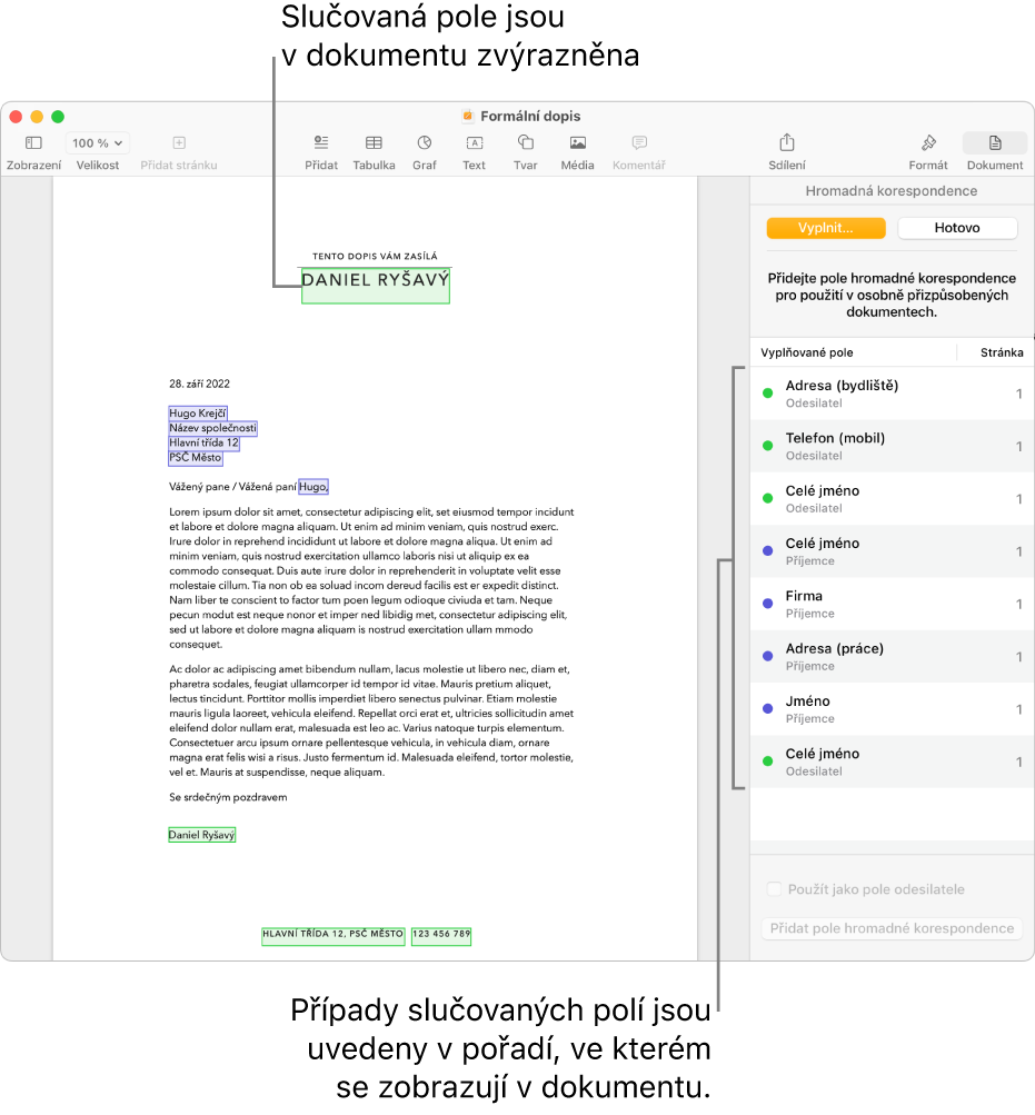 Dokument Pages s poli hromadné korespondence pro příjemce a odesílatele; na bočním panelu Dokument je vidět seznam instancí polí hromadné korespondence