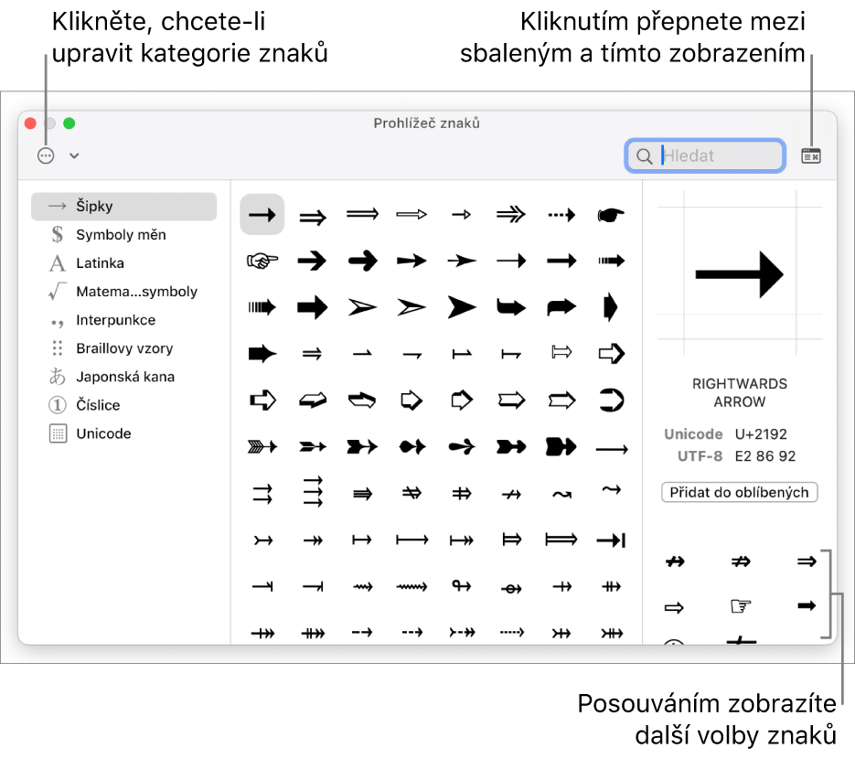 Rozbalený Prohlížeč znaků se zobrazenými speciálními znaky a symboly; nalevo je nabídka různých kategorií symbolů a v pravém horním rohu tlačítko pro přepnutí zpět do sbaleného zobrazení