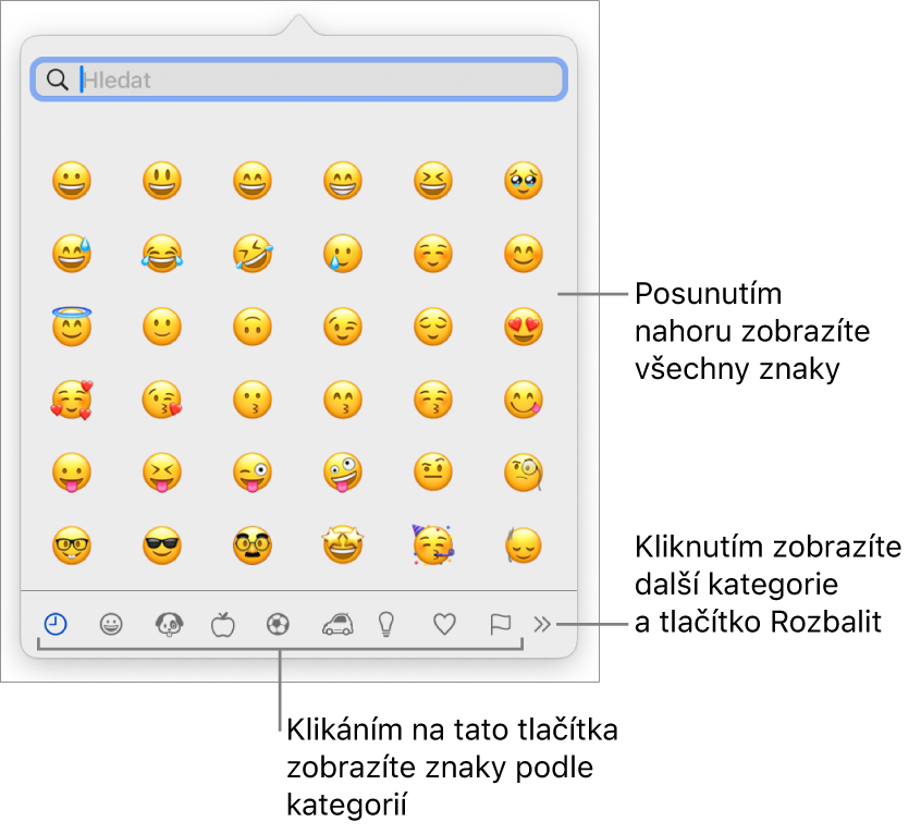 Okno Prohlížeč znaků, v němž jsou vidět emotikony, tlačítka pro různé kategorie symbolů u dolního okraje a také tlačítko pro zobrazení dalších kategorií a tlačítko Rozbalit.