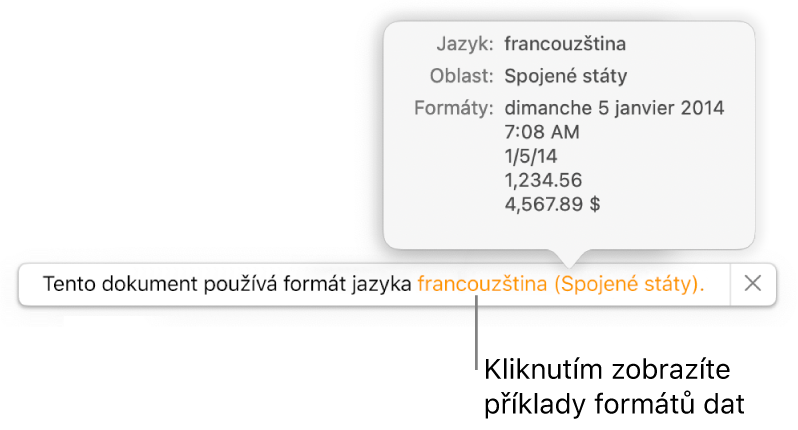 Upozornění na odlišné nastavení jazyka a oblasti s ukázkami formátování pro daný jazyk a oblast