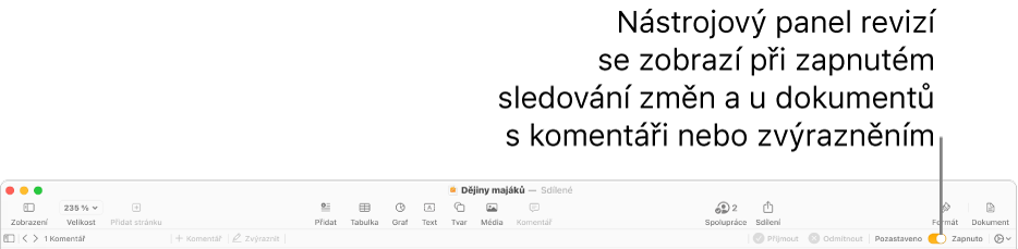 Panel nástrojů Pages se zapnutou funkcí sledování změn a pod ním panel nástrojů kontroly.