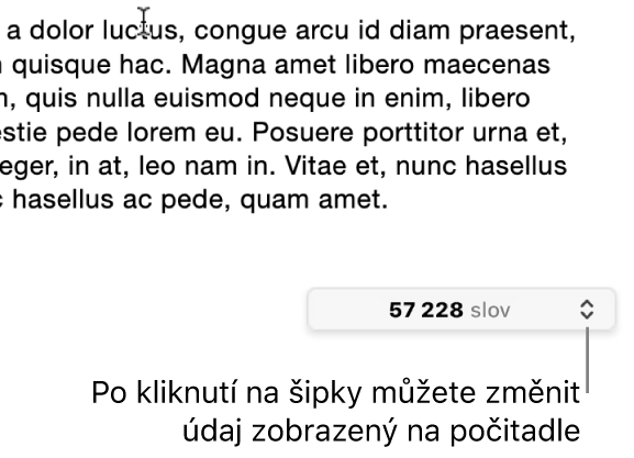 Nabídka, v níž se zobrazuje počet slov v dokumentu