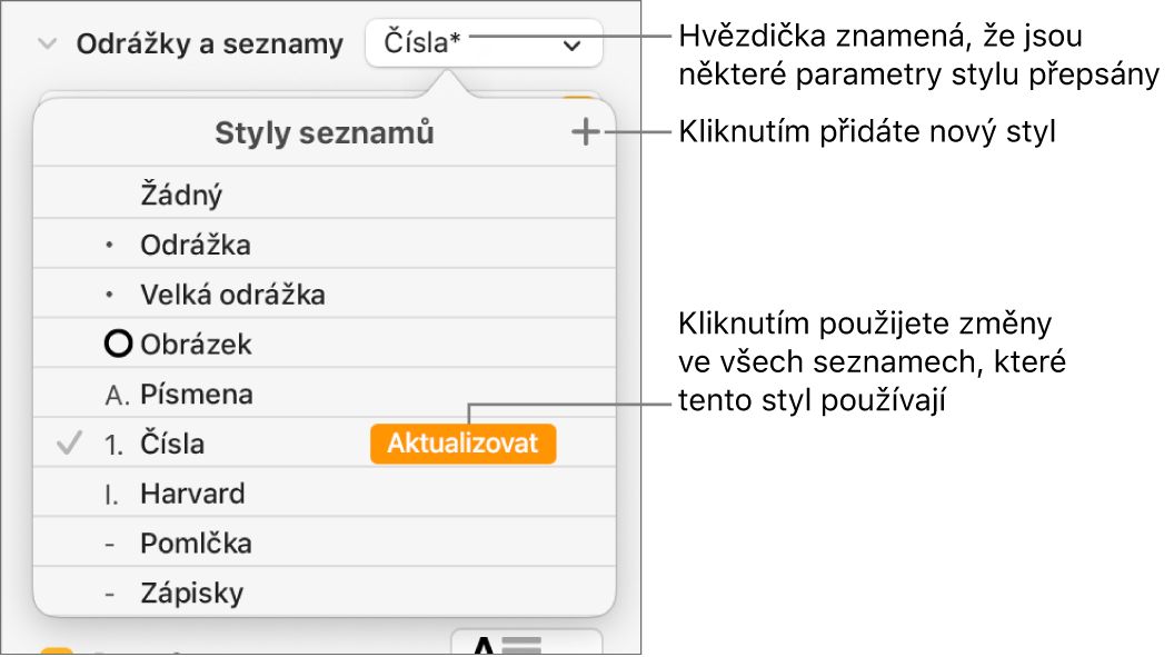 Místní nabídka Styly seznamů s hvězdičkou, která informuje o existenci přepisu, a s popisky u tlačítka Nový styl a podnabídky voleb pro správu stylů