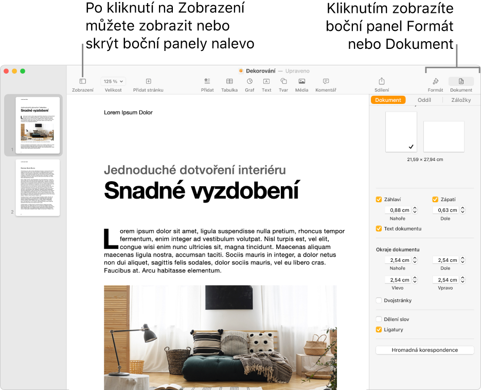 Okno Pages s popisky u tlačítka nabídky Zobrazení a u tlačítek Formát a Dokument na panelu nástrojů. Vlevo a vpravo jsou otevřeny boční panely