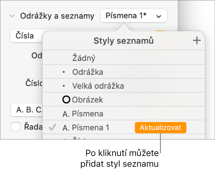 Místní nabídka Styly seznamů s tlačítkem Aktualizovat u názvu nového stylu