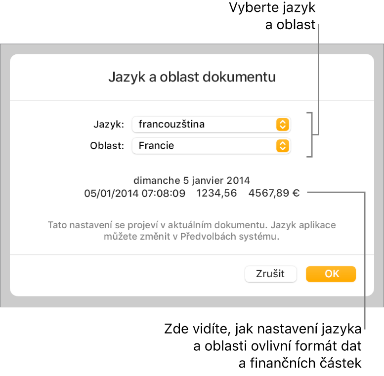 Panel Jazyk a oblast obsahující ovládací prvky pro jazyk a oblast a ukázku formátu, včetně data, času, desetinného oddělovače a měny.