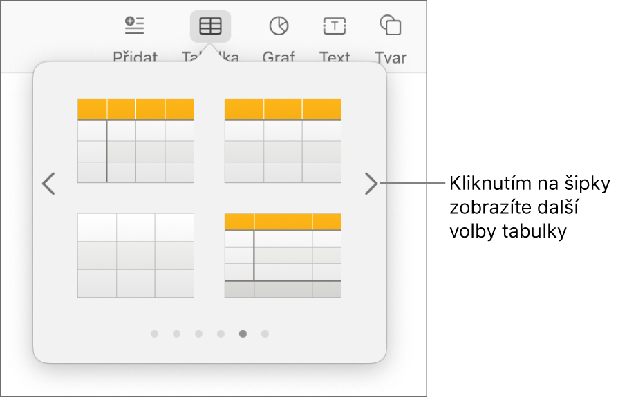 Nabídka Přidat tabulku s navigačními šipkami