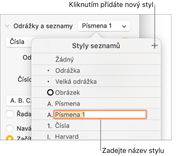 Nabídka Styly seznamů s tlačítkem Přidat v pravém horním rohu a maketou názvu stylu s vybraným textem