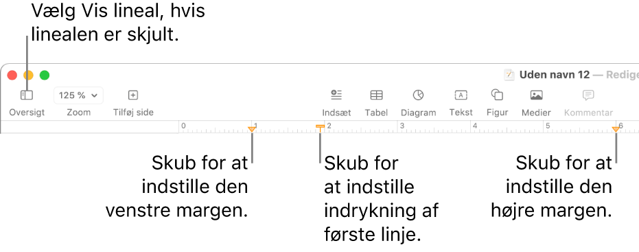 Lineal med mærkerne for venstre margen og første linjes indrykning.