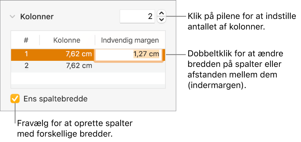 Layoutvinduet i Info om format med betjeningsmuligheder til spalter.