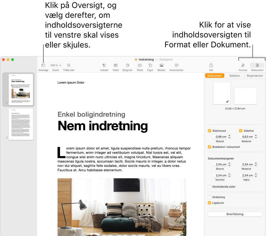 Pages-vinduet med billedforklaringer til knappen Oversigt og knapperne Format og Dokument på værktøjslinjen. Åbne indholdsoversigter til venstre og højre.