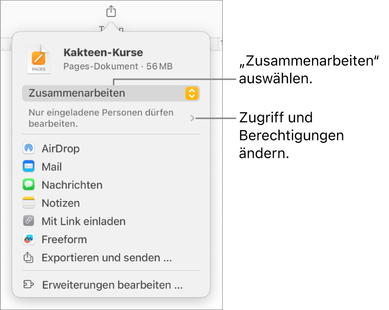 Im Menü „Teilen“ ist „Zusammenarbeiten“ oben ausgewählt und die Einstellungen für Zugriff und Berechtigungen befinden sich darunter.