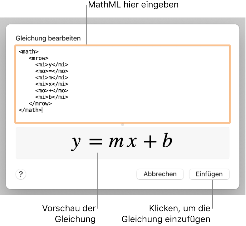 Die Gleichung für die Steigung einer Linie im Feld „Gleichung bearbeiten“ und einer Vorschau der Formel darunter.