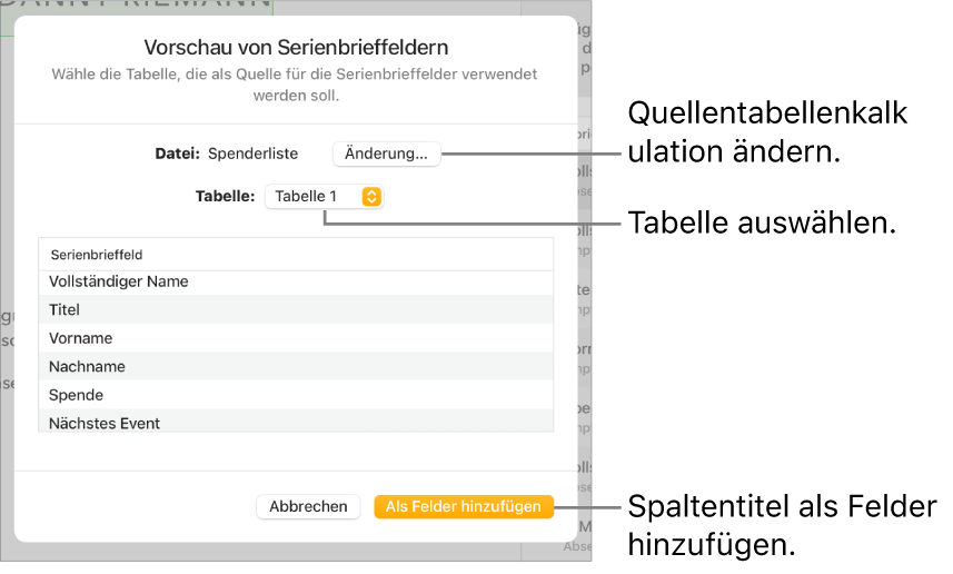 Die geöffnete Vorschaubereich für Serienbrieffelder mit Optionen zum Ändern der Quelldatei oder -Tabelle, Anzeigen einer Vorschau der Serienbrieffeld-Namen oder Hinzufügen der Spaltenüberschriften als Felder.