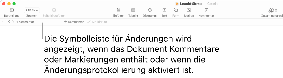 Die Pages-Symbolleiste oben auf dem Bildschirm mit den Tasten „Darstellung“, „Zoomen“, „Seite hinzufügen“, „Einfügen“, „Tabelle“, „Diagramm“, „Text“, „Form“, „Medien“ und „Kommentar“. Unter der Pages-Symbolleiste befindet sich die Korrektur- und Prüfleiste mit der Taste „Kommentare ein-/ausblenden“, Pfeilen, um zum vorherigen oder nächsten Kommentar zu wechseln, der Gesamtanzahl der Kommentare und den Tasten „Kommentar hinzufügen“ oder „Markierung hinzufügen“.