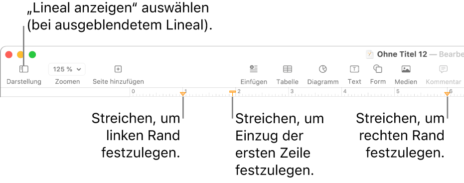 Das Lineal mit Steuerelement für den linken Rand und den Einzug der ersten Zeile