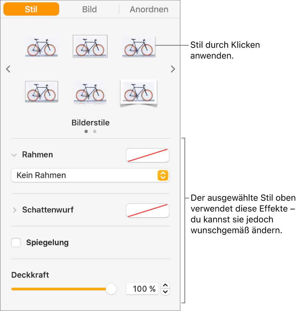 Der Tab „Stil“ der Seitenleiste „Format“ mit Optionen für Objektstile