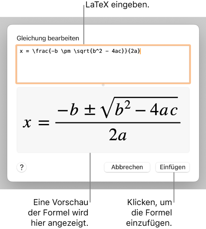 Die quadratische Formel, die mit LaTeX in das Feld „Gleichung“ geschrieben wurde, und einer Vorschau der Formel darunter.