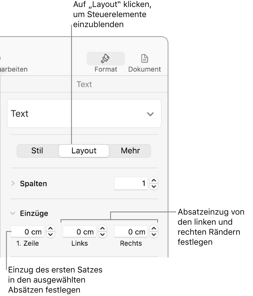 Steuerelemente im Bereich „Layout“ der Seitenleiste „Format“ zum Festlegen des ersten Einzugs