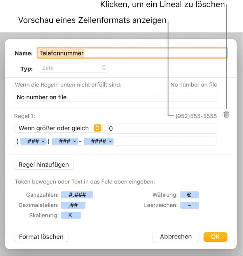 Das Fenster für ein eigenes Zellenformat mit Steuerelementen zum Auswählen eigener Zahlenformatierung