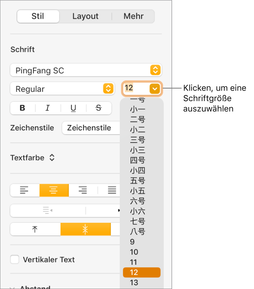 Der Abschnitt „Stil“ in der Seitenleiste „Format“ mit dem geöffneten Einblendmenü „Schriftgröße“. Die chinesischen Standardschriftgrößen (China, Festland) werden oben im Einblendmenü angezeigt, die Punktgrößen befinden sich darunter.