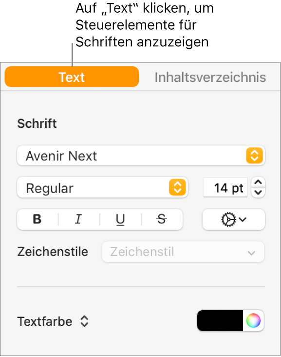 Die Seitenleiste „Format“ mit dem ausgewählten Tab „Text“ und Steuerelementen für die Schrift zum Ändern von Schrift und Schriftgröße sowie zum Hinzufügen von Zeichenstilen