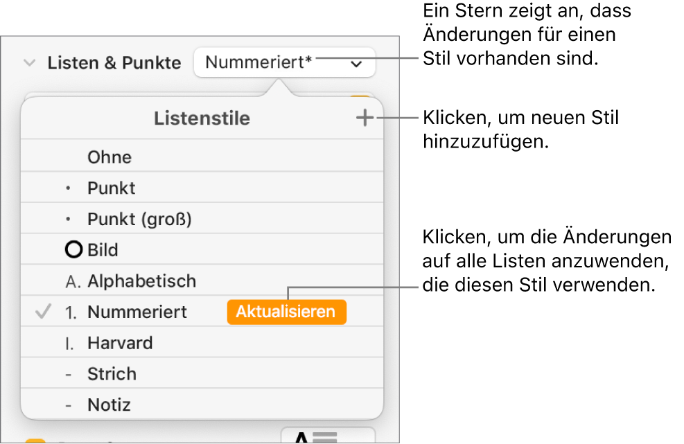 Einblendmenü „Listenstile“ mit einem Sternchen, das auf eine Stiländerung hinweist, und Beschreibungen für die Taste „Neuer Stil“ sowie ein Untermenü mit Optionen zum Verwalten von Stilen