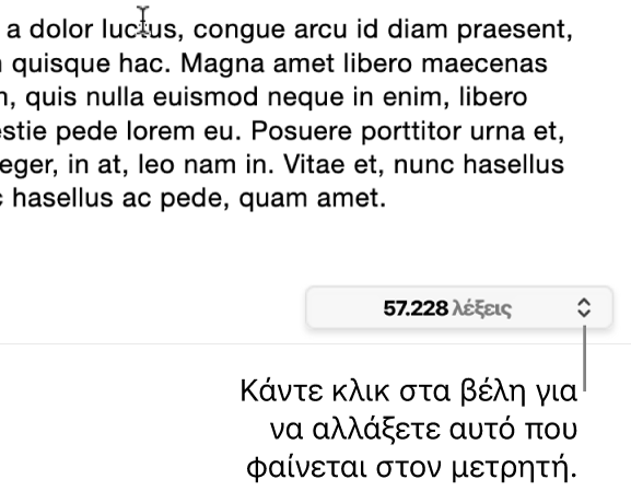 Το μενού καταμέτρησης λέξεων που δείχνει τον αριθμό λέξεων στο έγγραφο.