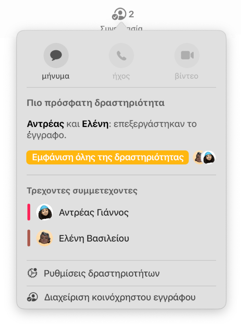 Το μενού συνεργασίας στο οποίο εμφανίζονται τα ονόματα των ατόμων που συνεργάζονται στο έγγραφο.