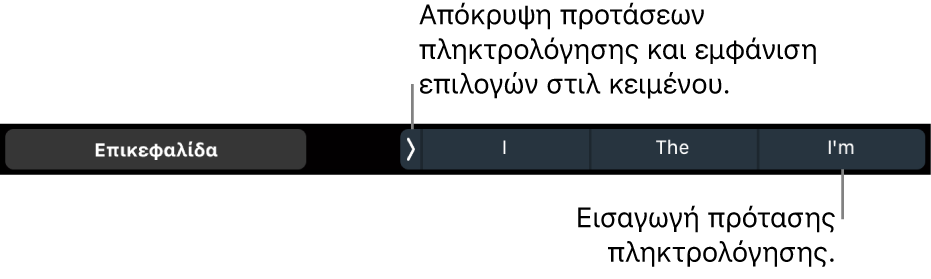 Το Touch Bar στο MacBook Pro με στοιχεία ελέγχου για επιλογή ενός στιλ κειμένου, απόκρυψη προτάσεων πληκτρολόγησης και εισαγωγή προτάσεων πληκτρολόγησης.