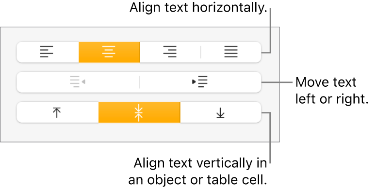 The Alignment section of the Format inspector with buttons for aligning text horizontally and vertically and buttons to move text left or right.